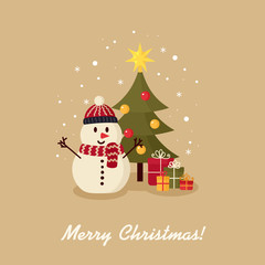 Snowman near Christmas tree with gifts