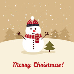 Snowman in hat and scarf with Christmas tree