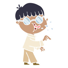 flat color style cartoon boy wearing spectacles and making point