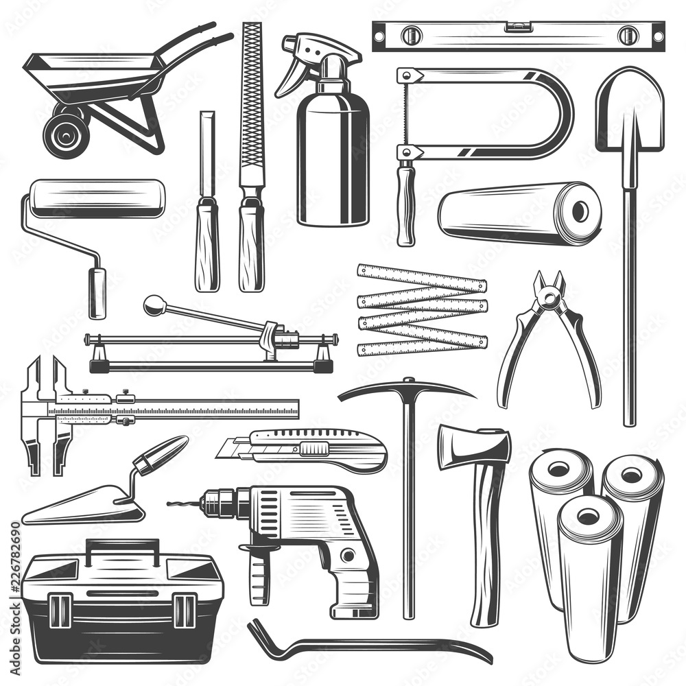 Wall mural construction and repair work tools, vector icons