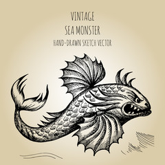 Mythological vintage sea monster. Fragment of old pirate map. Hand drawn sketch vector
