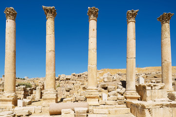 Ruins of the Colonnade street in the ancient Roman city of Gerasa (modern Jerash) in Jordan.