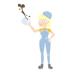flat color illustration of a cartoon female worker with coffee mug