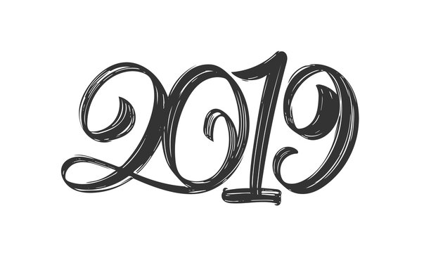 Happy New Year. Vector Handwritten textured brush type lettering of 2019 on white background. Chines calligraphy.