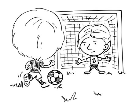 Illustratie met zwarte lijnen van een jongen met een voetbal