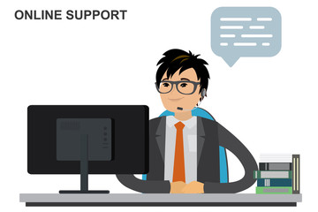 Fototapeta na wymiar Online support concept,asian male operator behind a desk