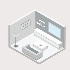 Isometric living room design with a table chair and TV vector illustration. In bright colors.