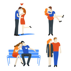 Couples in love set. People hugging and kissing on white background - vector flat style illustrations for poster, banner and postcard.