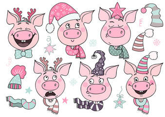 Set of cute pigs with emotions of joy and happiness