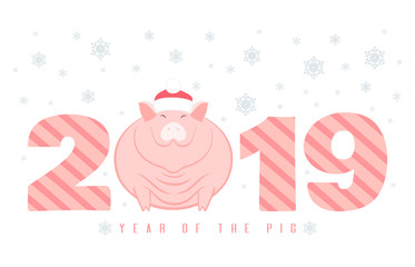 Creative postcard for New 2019 Year with cute pig in Santa hat. Chinese New Year symbol lies on numbers on white background with snowflakes. Cartoon flat style vector illustration.