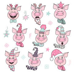 Set of cute pigs with emotions of joy and happiness