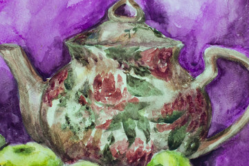 Obraz premium &nbsp;watercolor brewer with tea and apples, drawing with watercolor.