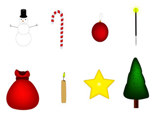 Icons and symbols for the new year. Illustrations of a caramel cane, a Christmas tree, a star, a candle, a snowman, a Christmas ball, a bag of gifts and sparklers.Vector illustration EPS10