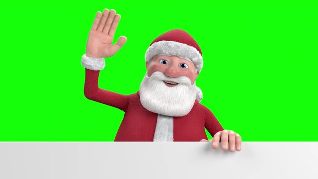 A cartoon Santa Claus stands up from behind a white banner at the bottom of the frame and waves into the camera - replaceable green-screen background - high quality 3d animation