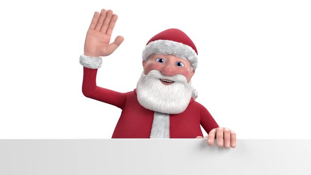A cartoon Santa Claus stands up from behind a white banner at the bottom of the frame and waves into the camera - high quality 3d animation