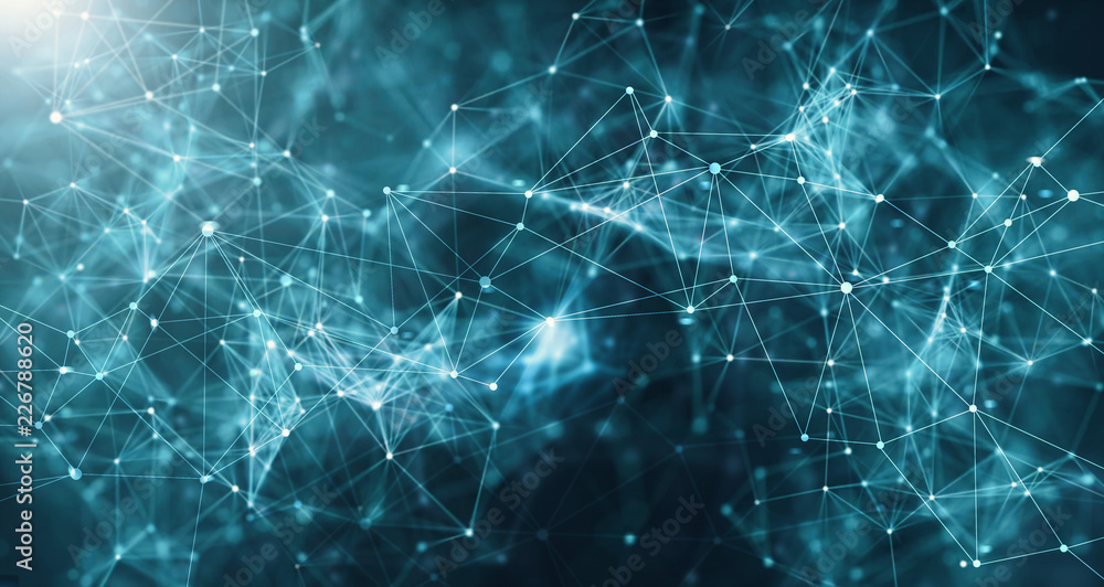 Poster Concept of Network. Abstract futuristic technology with polygonal shapes on dark blue background. Connection technologies backdrop, internet communication.