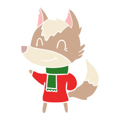 friendly flat color style cartoon wolf in winter clothes