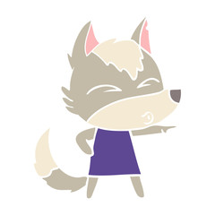 flat color style cartoon wolf girl whistling and pointing