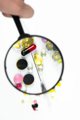 Many colorful pills and tablets isolated on white. vitamin pills. Collection of medicine pills on table.Lots of different medicine drugs, pills, tablets, capsules