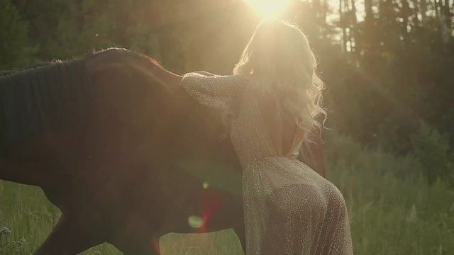 Young sexy blonde model posing by the horse in a field in sunset light, beautiful summer shooting. Sun beams falling, charming woman in dress outside in countryside, summertime.