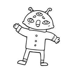line drawing cartoon alien man in sensible clothes