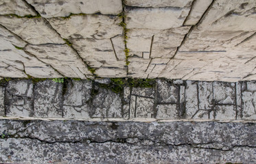textured gray stone patterned tile with moss laid out on the wall above
