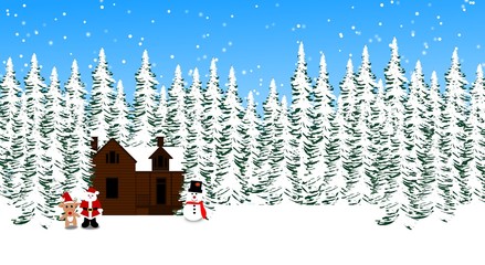 Christmas theme with cute santa claus and cottage in pine forest