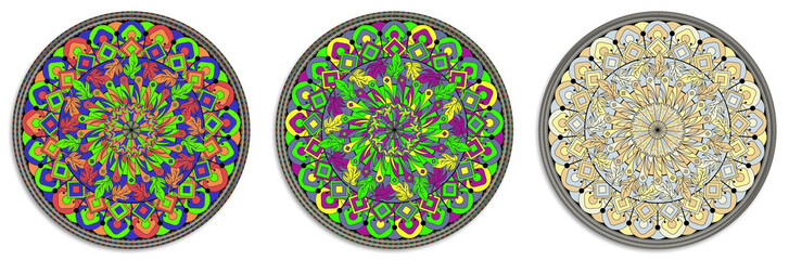 A set of contrasting kaleidoscopic mandalas filled with a variety of colors and elements in red, blue, green, purple, yellow, orange, gray, beige colors. Abstract graphics for print, tattoo or cover