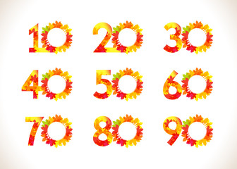 Autumn numbers logotypes. Collection with red coloured leaves. Round discounts up to ninety % percent off on dark background. Abstract digits congratulating graphic design template. Vector web banners