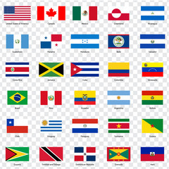 Flags countries of North and South Americas.  Thirty Flags of American countries with inscriptions and original proportions on transparent background. Flags for your web site design, logo, app, UI.  