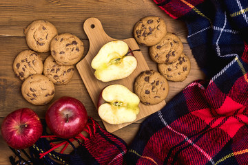 Top View of Cozy Autumn Morning Picnic Breakfast With Cookies and Red Apples Woolen Blanket Flat Lay Top View Autumn Food Concept