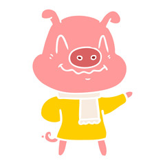 Obraz na płótnie Canvas nervous flat color style cartoon pig wearing scarf