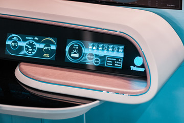 The future of air, land, and sea navigation. Holograms, charts, sonars and tracking instruments for any type of cruising. Futuristic Control panel, and dashboard with led lights. Sustainable design.