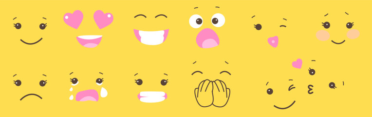 Set of smiley face emoji on yellow background. Simple character emotion. Vector element of design for t-shirt, sweet table, mug, decoration funny party. Lol, laugh, shy, in love, kiss, cry, shock