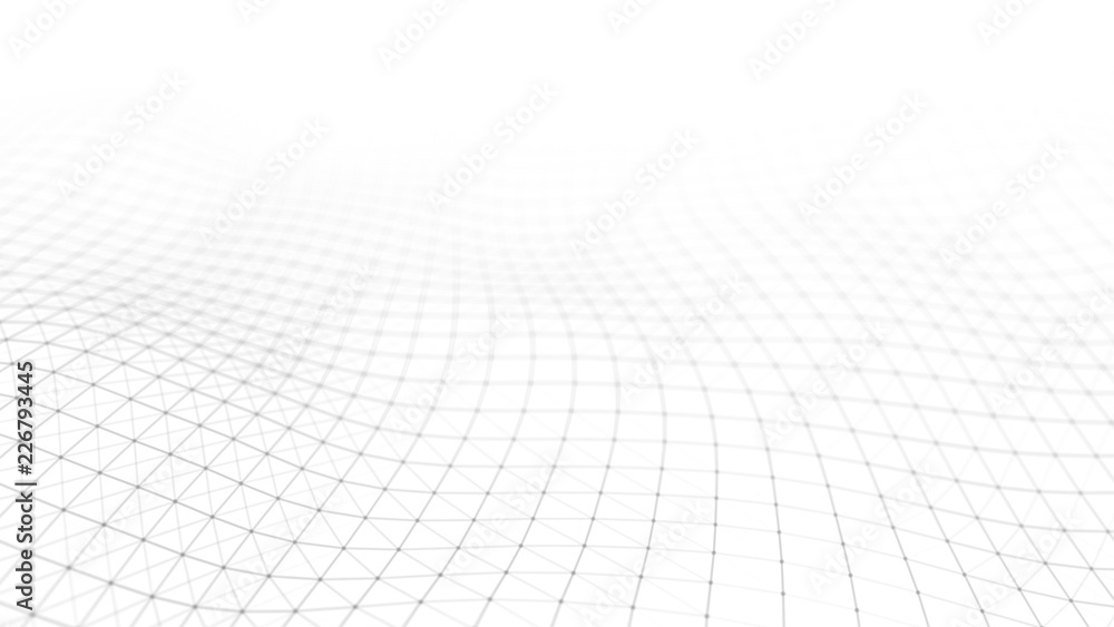 Fototapete Wave white background. Abstract white futuristic background. Wave with connecting dots and lines on dark background. Wave of particles. 3D rendering.