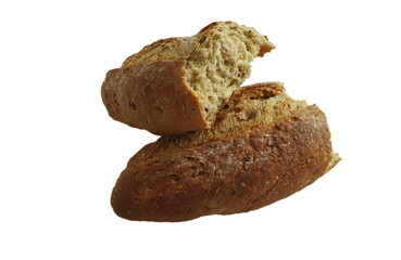 Fresh baked bread loaf broken on white background