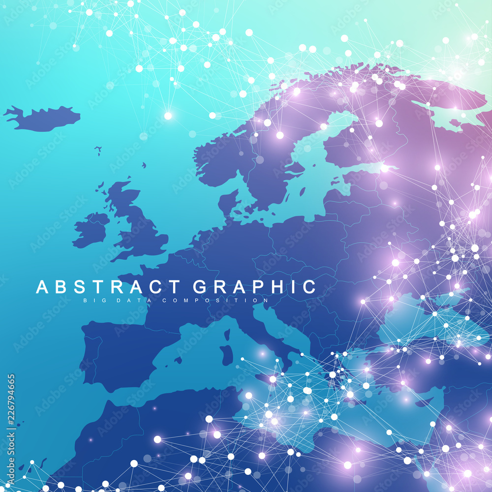 Aufkleber Geometric graphic background communication with Europe Map. Big data complex with compounds. Perspective backdrop. Minimal array. Digital data visualization. Scientific cybernetic vector illustration.
