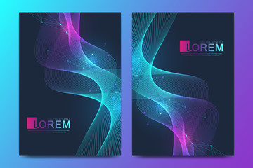 Modern vector template for brochure, leaflet, flyer, cover, catalog, magazine, banner or annual report. A4 size. Business, science and technology design with colored dynamic waves, line and particles.