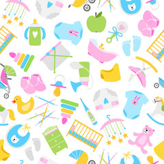 Baby pattern with clothes, toys and soother, vector illustration