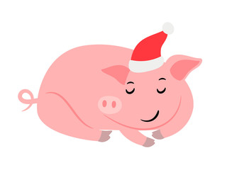 Sleeping pink New year pig in santa hat, vector illustration