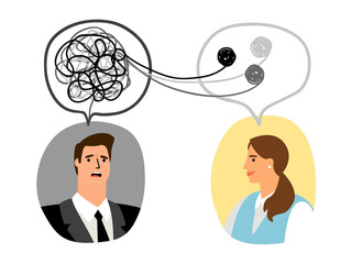 Psychotherapy concept illustration with man and lady psychologist avatar, vector illustration