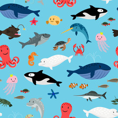 Fototapeta premium Zwierzęta morskie na niebieskim tle wzór z wielorybami i rekinami, delfinami i ośmiornicami, ilustracji wektorowych