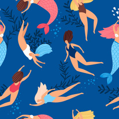 Swimmers girls and mermaids pattern on blue background, vector illustration