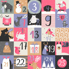 Advent calendar. Christmas december calendar, xmas advent numbers with snowflakes and winter animals vector illustration