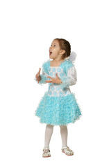 Portrait of little girl in a blue dress on white background