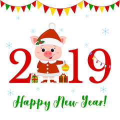 Happy New Year and Merry Christmas Greeting Card. A cute pig in a Santa costume is holding a ball for the Christmas tree. The symbol of the new year in the Chinese calendar. 2019. Vector