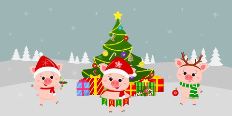 Happy New Year and Merry Christmas greeting card. Three cute pigs in different costumes next to a beautiful Christmas tree and boxes of gifts. Vector