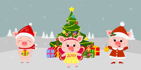Happy New Year and Merry Christmas greeting card. Three cute pigs in different costumes next to a beautiful Christmas tree and boxes of gifts. Vector
