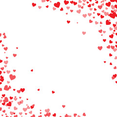 Fototapeta na wymiar Red hearts confetti. Cornered border on white valentine card background. Vector illustration.