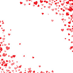 Red hearts confetti. Cornered border on white valentine card background. Vector illustration.